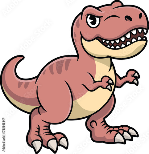 Cartoon T. rex dinosaur, winking eye, sharp teeth, playful pose, reddish body, vector illustration, digital artwork, prehistoric animal theme