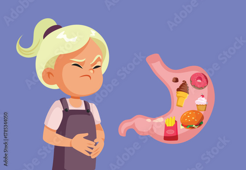 Child Suffering After Eating Junk Food Vector Illustration. Little girl has too much fast food and dessert and feels bad afterwards 
