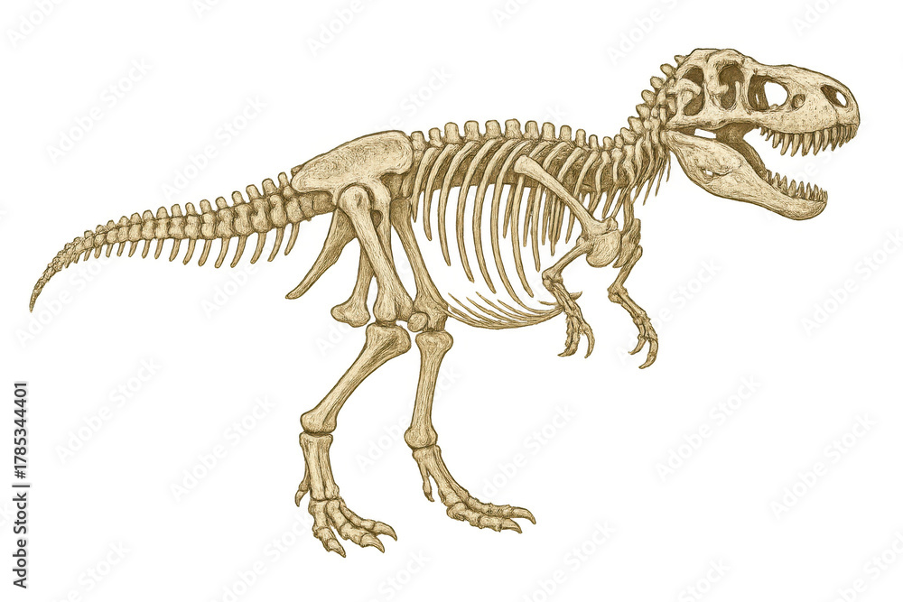 Fototapeta premium Tyrannosaurus rex skeleton illustration with open mouth standing, showing prehistoric dinosaur bones and fossil structure