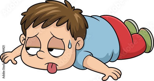 Cartoon tired child, face down, exhausted pose, sweat drop, tongue out, emotional expression, vector illustration, digital artwork, stress theme