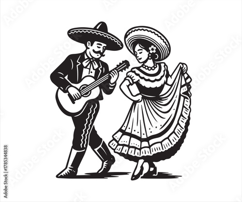 Traditional Mexican couple dancing and playing guitar illustration in black and white