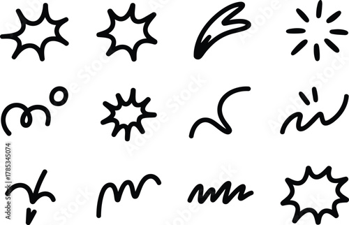 Collection of hand drawn doodle starbursts swirls and sparkle elements for comic book design and graphic overlays