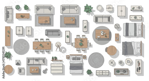 interior design plan rendering presenting furniture layout from above illustrating a stylish and modern home decor concept perfect for floor plan visualization