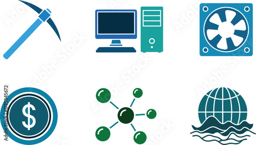 Cryptocurrency mining concept with pickaxe computer fan dollar and globe icons