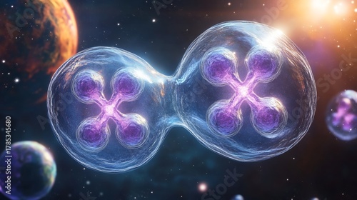 Microscopic view  nucleus division of two translucent cells in space