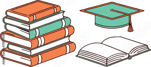 Hand drawn isometric illustration of a stack of colorful books an open book and a graduation cap symbolizing education learning and academic achievement