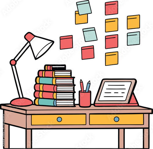 A colorful illustration of a wooden desk with a stack of books a desk lamp pens in a holder and a tablet displaying information with sticky notes on the wall behind