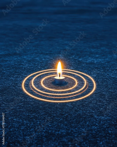 Glowing Candle on Dark Textured Surface with Circular Light Rings Creates an Atmospheric Visual for Reflection and Remembrance