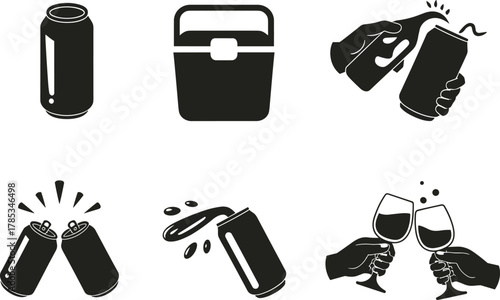 Black and white beverage icons showing cans, cooler, wine glasses, hand gestures, splashes, celebration, drink moments, and bottle opening