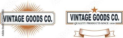 "Vintage Goods Co." Retro Badges with Sunburst and Banner.  Classic brand, quality products, and old-fashioned design