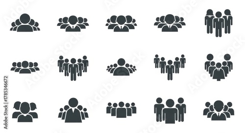 People Icon Set Representing Groups and Crowds, Flat Vector Silhouette Design on White Background for Infographic or Business Use