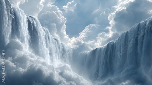 美しい空の雲の中にある滝の空想風景