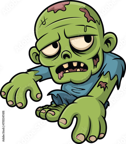 Cartoon zombie character, green skin, crouching pose, tattered blue shirt, horror theme, Halloween design, vector illustration, digital artwork, undead sketch