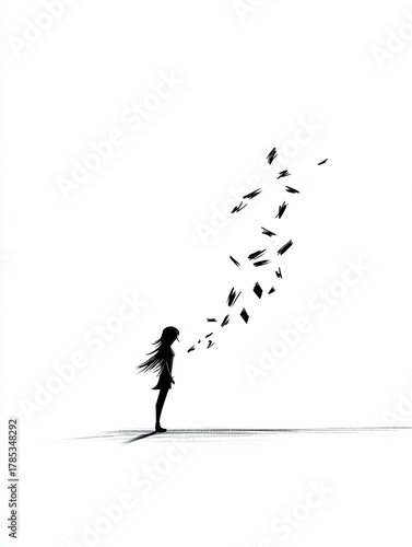 Wallpaper Mural A minimalist illustration depicts a girl's silhouette with her hair and parts of her body dissolving into scattered black scribbles. Torontodigital.ca