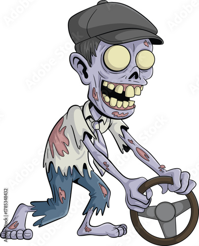 Cartoon zombie driver, purple skin, yellow eyes, steering wheel grip, humorous pose, Halloween theme, vector illustration, digital artwork, undead character