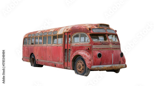 Vintage old red bus with classic design and worn exterior parked on street isolated on white background