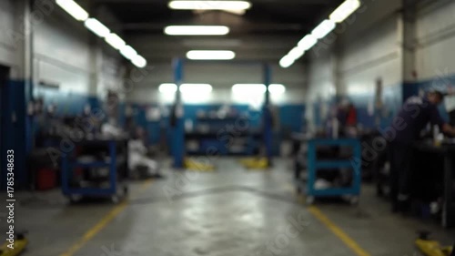 Interior of a blurred automotive repair shop, with fluorescent lights and tools