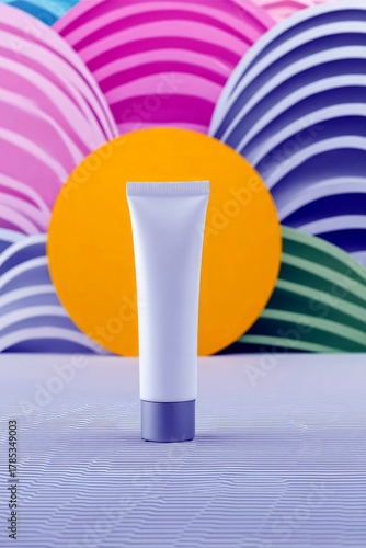 A white cosmetic tube with a purple cap stands centered against a vibrant, abstract background featuring a large orange circle and colorful striped spheres.