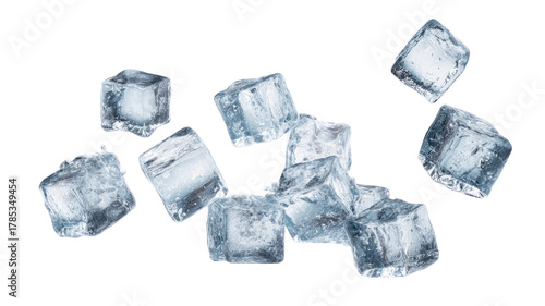 Fresh transparent ice cubes stacked and scattered with melting droplets isolated on white background