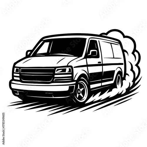 modified van drifting through a turn, front-three-quarter angle, tire smoke and motion lines