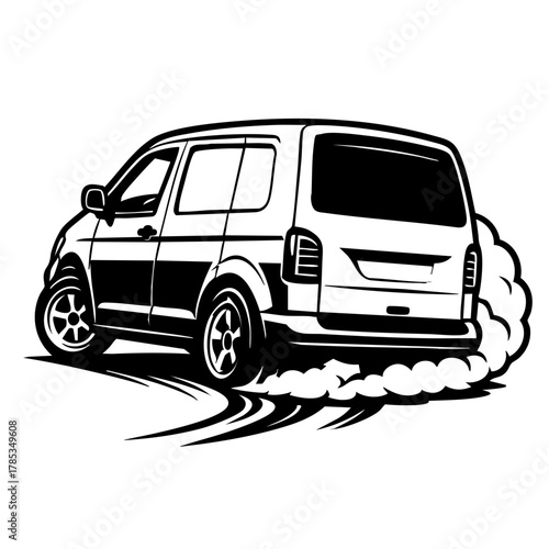 compact van sliding on asphalt, rear tires spinning, quarter view with bold outlines