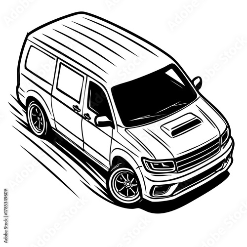 drift van mid-slide with open vents, visible suspension and motion blur lines