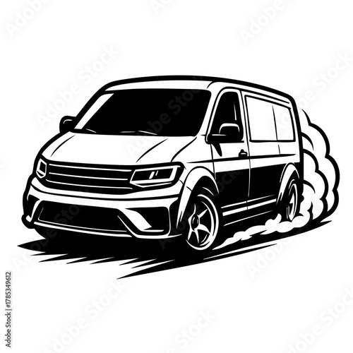 customized van performing a drift with heavy smoke trail, angled front perspective