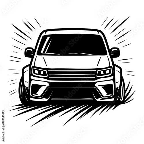 widebody van drifting aggressively, front view with dynamic speed lines