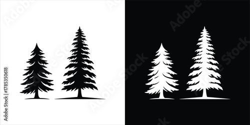 Classic black and white silhouette illustration of two evergreen pine trees, a simple nature and forest symbol