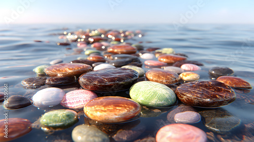 Stepping Stones Path Across Water Surface Leading to Horizon.
