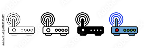 Set of minimalist router icons with transparent background, depicting wireless network devices for internet, data transfer, and smart home technology, vector illustration