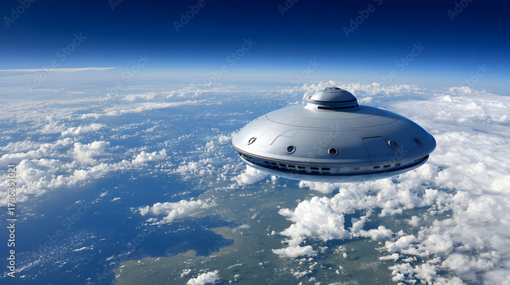 Fototapeta premium UFO Flying Over Earths Atmosphere with Cloudscape.