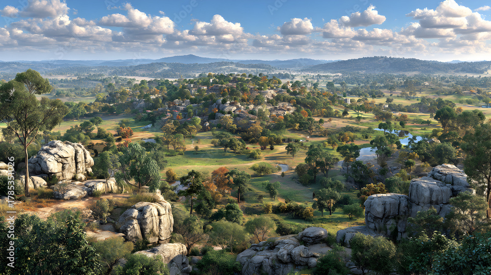 Fototapeta premium Scenic Landscape with Boulders Trees and Distant Mountains.