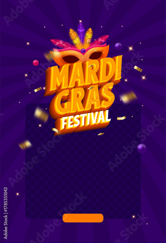 Mardi Gras 3D text and purple background design template