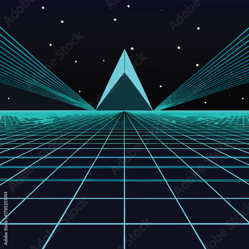 Neon grid with pyramid and light beams and stars retro
