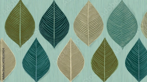 Elegant Leaf Pattern with Textured Background in Blue and Green Tones for Nature-inspired Designs and Decor Elements