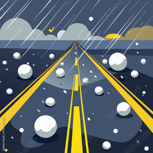 Perspective Road with Hailstones and Stormy Sky highway