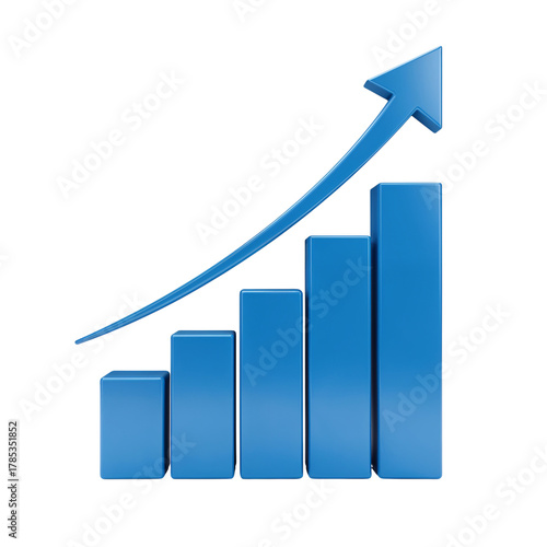 Blue 3d bar graph with upward trending arrow showing growth and success isolated on transparent background