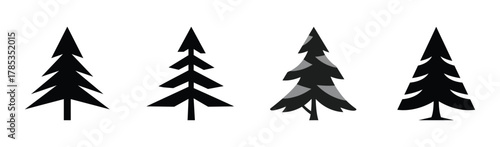 Four stylized evergreen trees in silhouette and outline variations