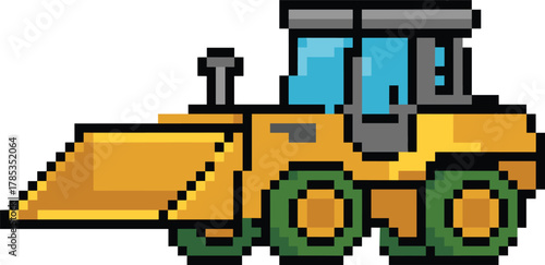 Pixel art construction vehicle, yellow loader, green wheels, blue windows, large bucket, retro style, vector illustration, digital artwork, machinery theme
