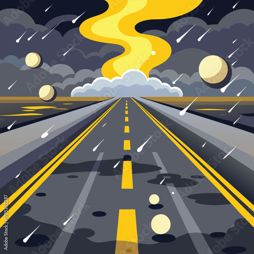 Rainy Road with Yellow Cloud Swirl and Falling Rain Keywords: rain, storm, road, highway