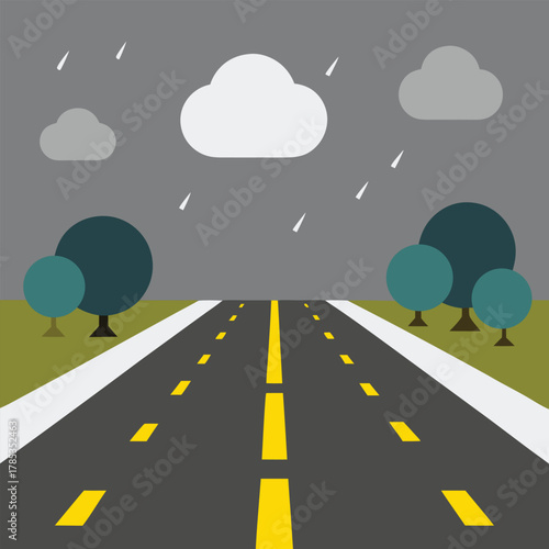 Rainy day on a highway with trees and clouds road street