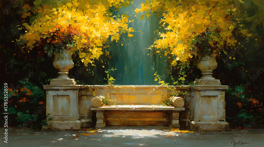 Obraz premium Sunlit Garden Bench with Golden Foliage and Stone Pillars.