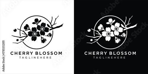 Elegant Japanese cherry blossom branch logo design. Minimalist sakura flower icon in a circle template