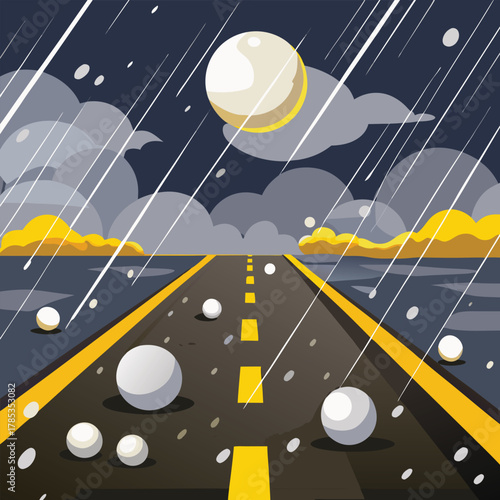 Road with Hailstones Under a Cloudy Moonlit Sky highway