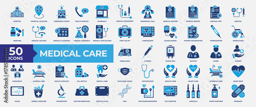 Medical Care Icon Set, containing hospital, emergency, health, medical, pharmacy, patient, medical equipment, doctor and medicine. simple Flat vector illustration.