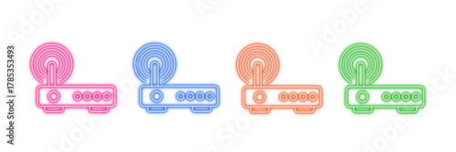 Neon glowing Wi Fi router vector icons set, wireless network, internet modem, data connection, glowing digital signal, vibrant tech design.	