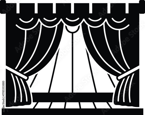 Black and white theater stage vector with curtains, valance, spotlight, and microphone stand—ideal for drama, performance, and entertainment design.