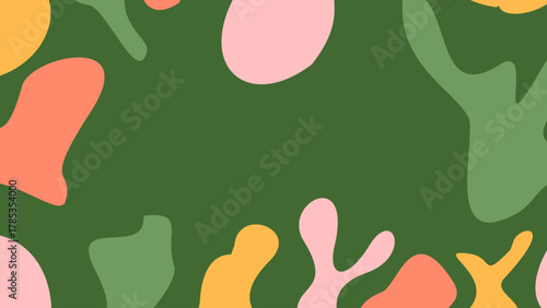 A Mid-Century Modern Inspired Abstract Background Featuring Irregular, Organic Shapes in a Warm Color Palette of Coral, Pink, Olive, and Ochre on a Deep Forest Green Field
