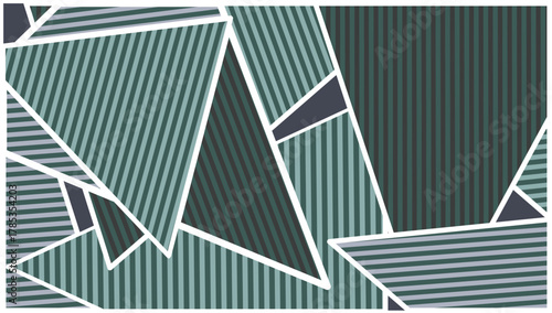 An Abstract Geometric Composition Featuring Overlapping and Intersecting Triangles and Shapes, Filled with Vertical Striped Patterns in Various Tonal Shades of Grayish Teal and Slate Blue